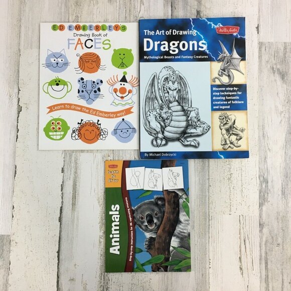 Lot 3 Drawing Books Ed Emberley Faces Walter Foster Dragons Animals Kids Learn - Picture 1 of 5